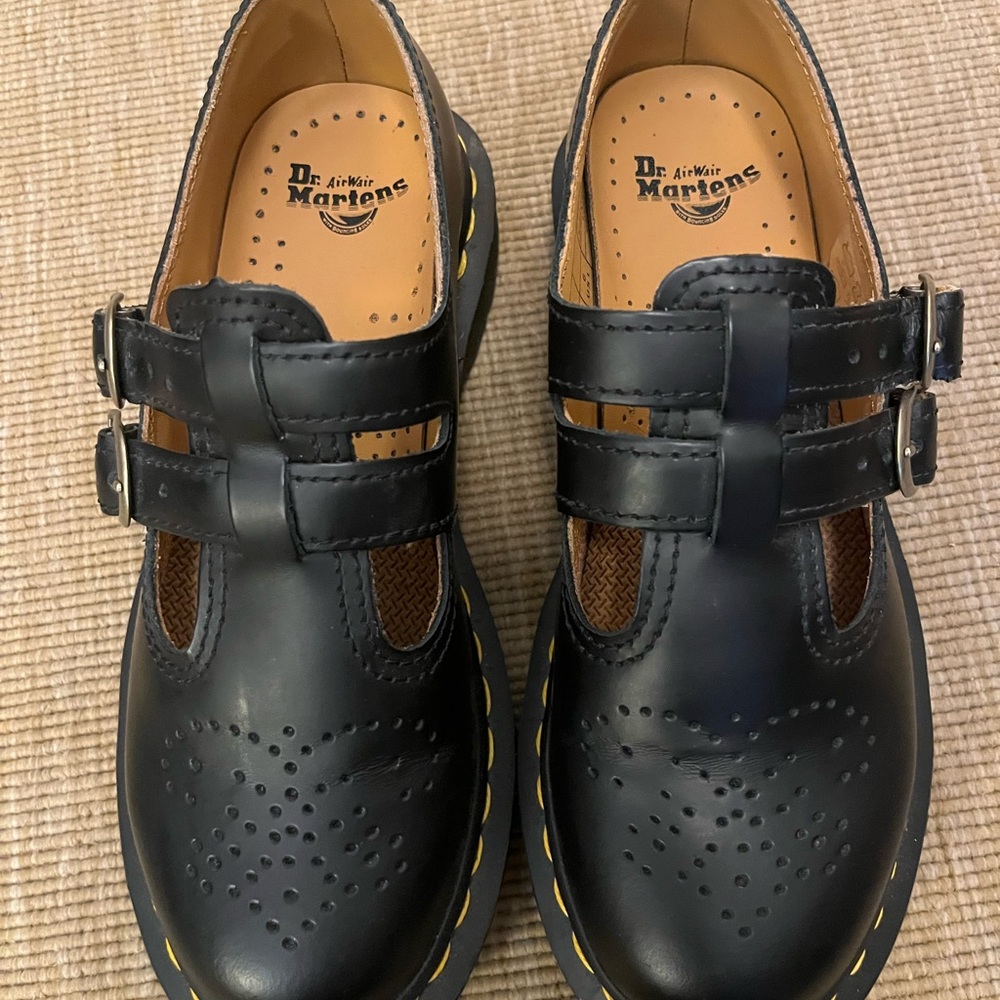 Dr. Martens Black Platform Shoes with Yellow Stitching
